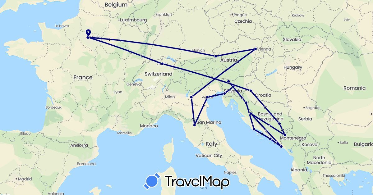 TravelMap itinerary: driving in Austria, Bosnia and Herzegovina, Switzerland, France, Croatia, Italy, Montenegro, Slovenia (Europe)